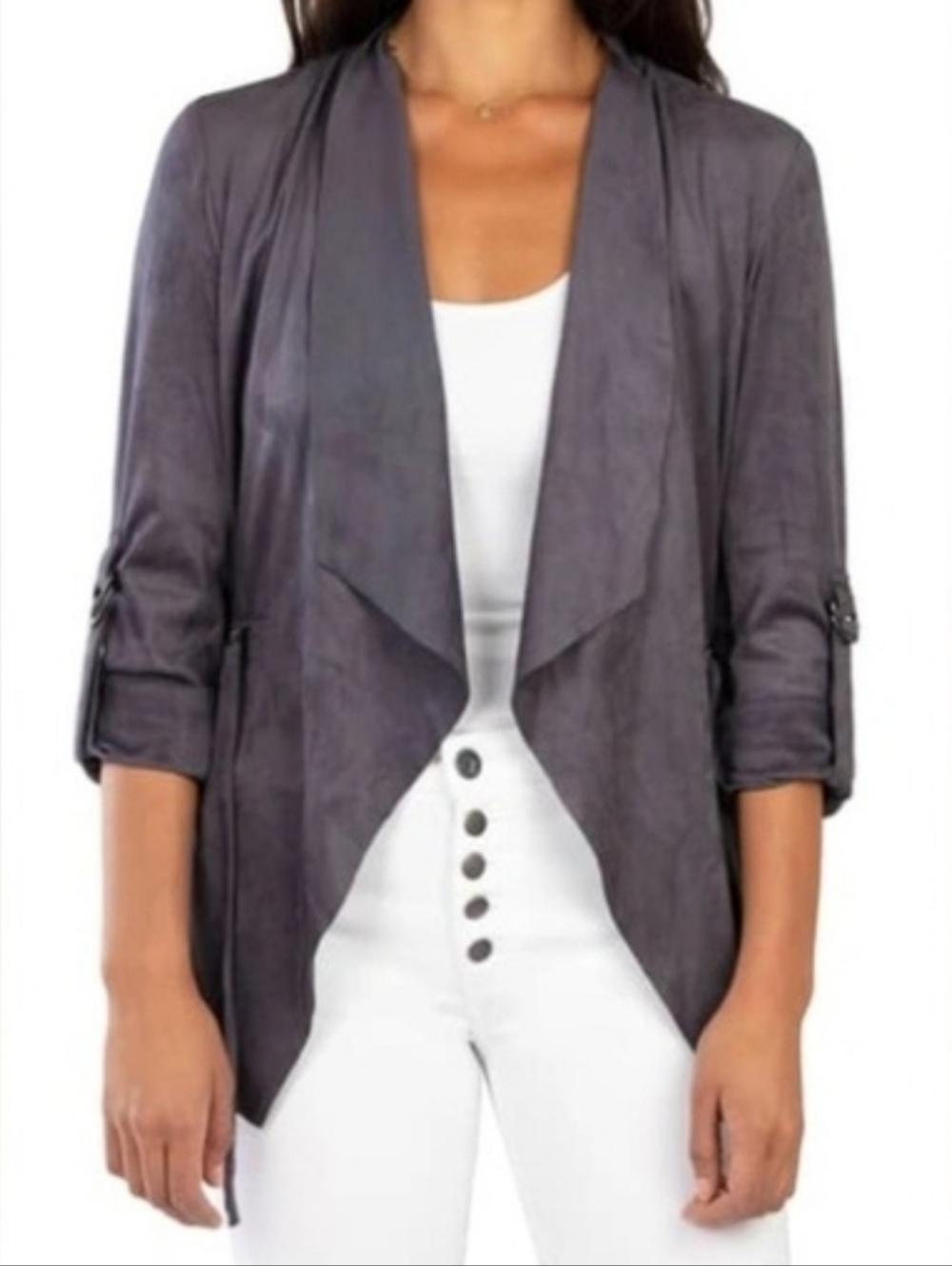 Kut From The Kloth Faux Suede Roll Sleeve Drawstring Open Front Jacket Cardigan - Picture 3 of 5